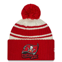 Tampa Bay Buccaneers New Era 2022 Sideline Sport Cuffed Pom Knit Hat - Cream/Red - NFL