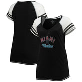 Miami Marlins Soft as a Grape Women's Curvy Color Block Tri-Blend Raglan V-Neck T-Shirt Outlet