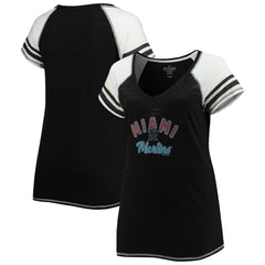 Miami Marlins Soft as a Grape Women's Curvy Color Block Tri-Blend Raglan V-Neck T-Shirt Outlet