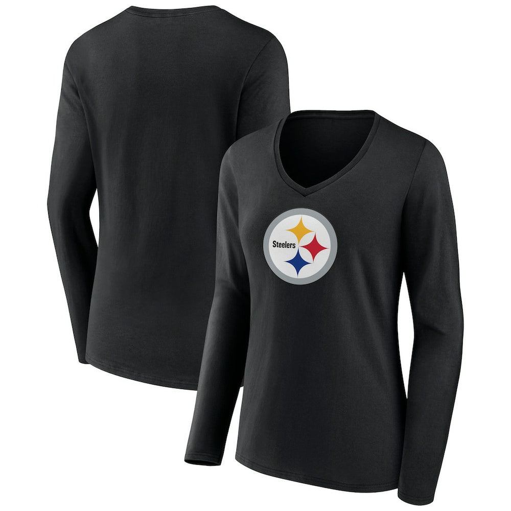 Pittsburgh Steelers Women's Primary Team Logo Long Sleeve V-Neck T-Shirt - Black - NFL