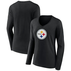 Pittsburgh Steelers Women's Primary Team Logo Long Sleeve V-Neck T-Shirt - Black - NFL