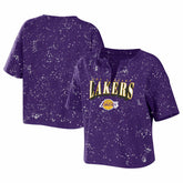 Los Angeles Lakers WEAR by Erin Andrews Women's Bleach Splatter Notch Neck T-Shirt Purple
