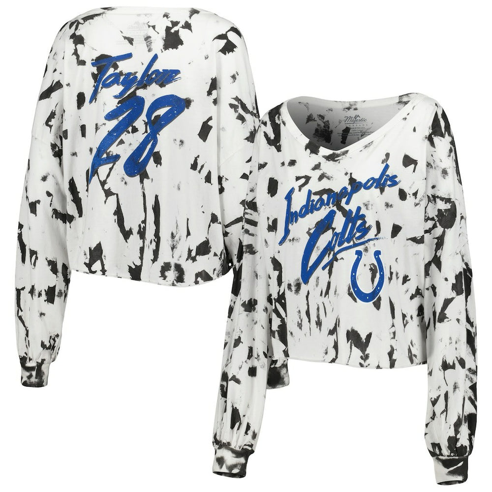 Jonathan Taylor Indianapolis Colts Majestic Threads Women's Off-Shoulder Tie-Dye Name & Number Cropped Long Sleeve V-Neck T-Shirt - White - NFL