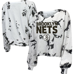 Brooklyn Nets Majestic Threads Women's Aquarius Tie-Dye Cropped V-Neck Long Sleeve T-Shirt White/Black