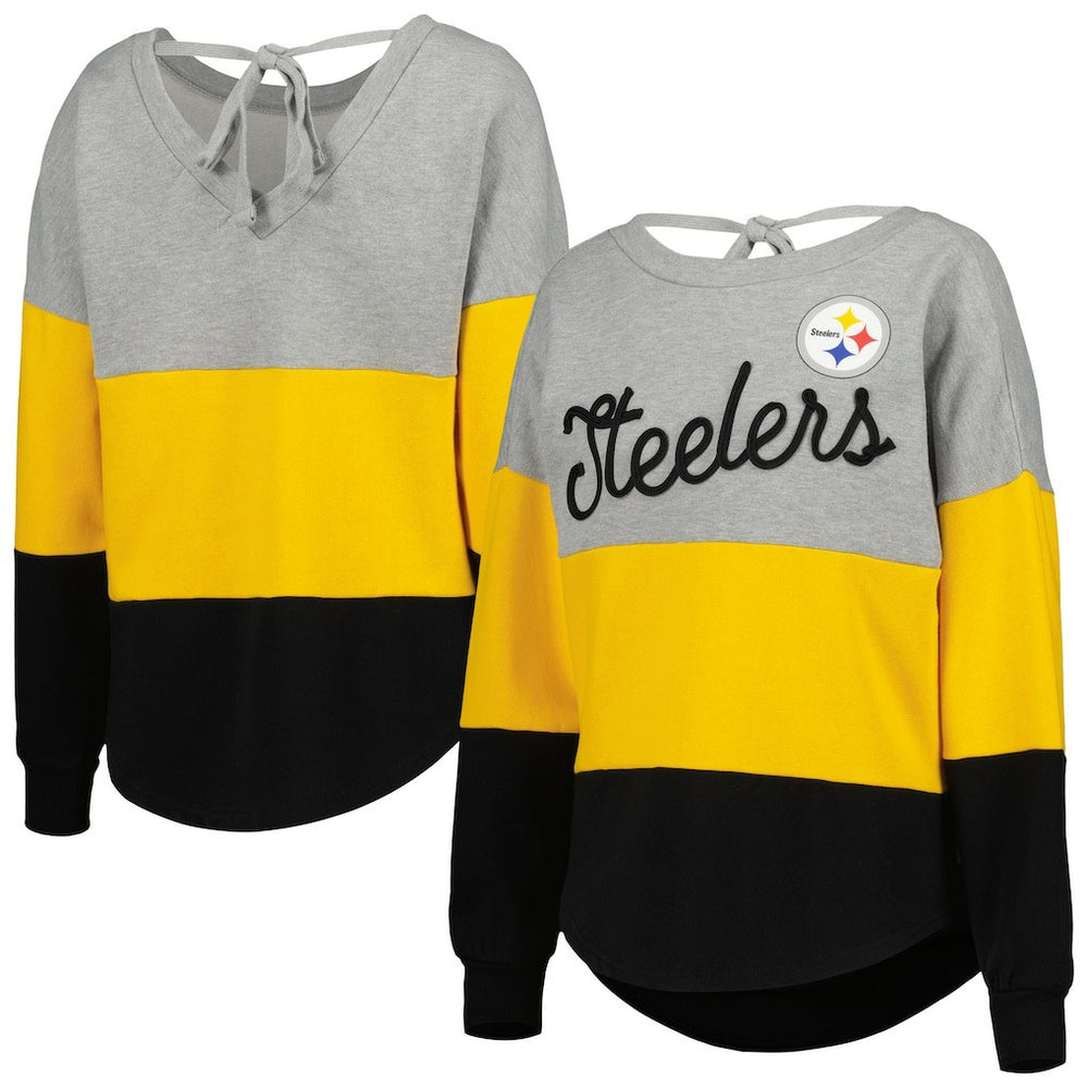 Pittsburgh Steelers Touch Women's Outfield Deep V-Back Waist Length Pullover Sweatshirt - Heather Gray/Black - NFL