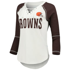 Cleveland Browns Touch Women's Rebel Raglan Tri-Blend 3/4-Sleeve Lace-Up V-Neck T-Shirt - White/Brown - NFL