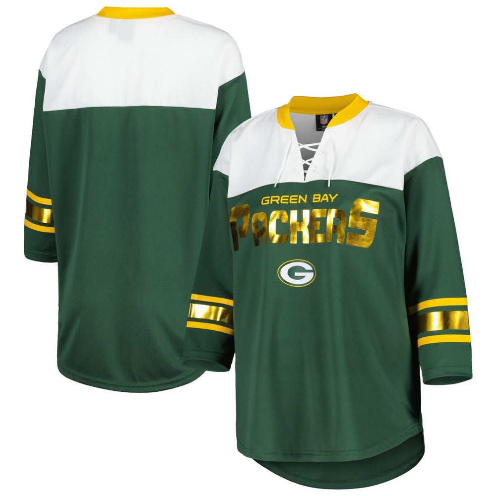 Green Bay Packers G-III 4Her by Carl Banks Women's Double Team 3/4-Sleeve Lace-Up T-Shirt - Green/White - NFL