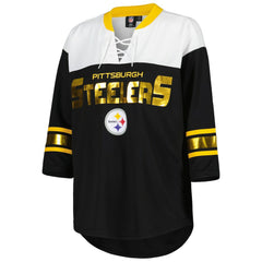 Pittsburgh Steelers G-III 4Her by Carl Banks Women's Double Team 3/4-Sleeve Lace-Up T-Shirt - Black/White - NFL