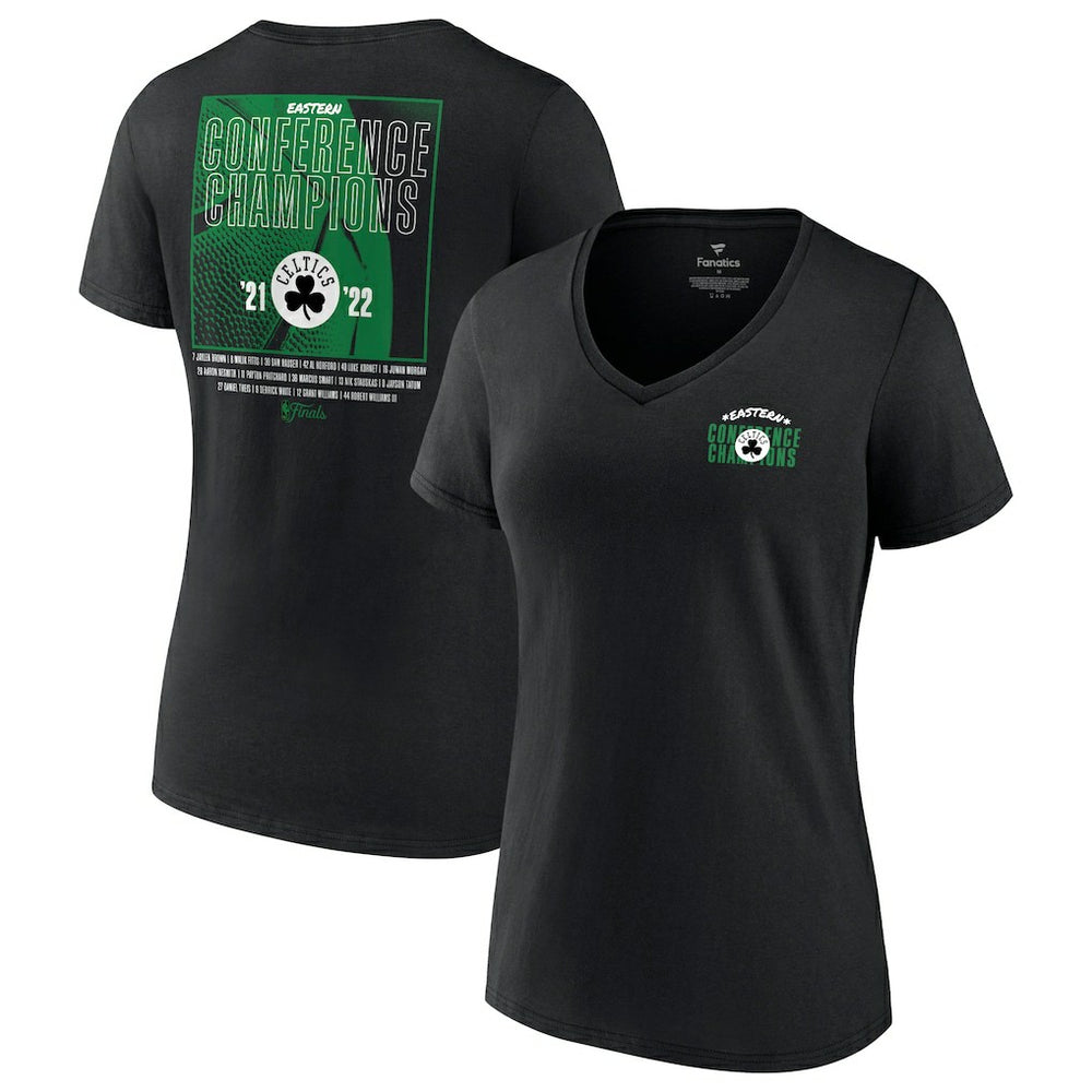 Fanatics Boston Celtics Women's 2022 Eastern Conference Champions Balanced Attack Roster V-Neck T-Shirt Black