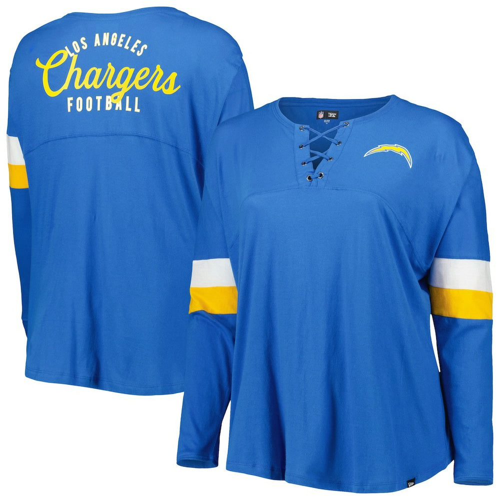 Los Angeles Chargers New Era Women's Plus Size Athletic Varsity Lace-Up V-Neck Long Sleeve T-Shirt - Powder Blue - NFL