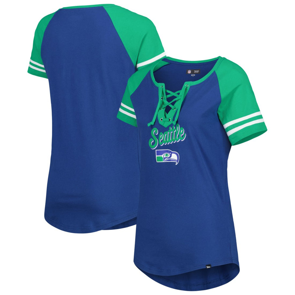 Seattle Seahawks New Era Women's Legacy Lace-Up Raglan T-Shirt - Royal/Green - NFL