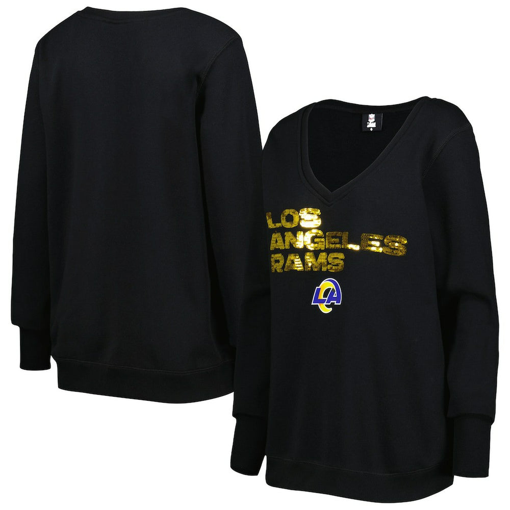 Los Angeles Rams Cuce Women's Sequin Logo V-Neck Pullover Sweatshirt - Black - NFL