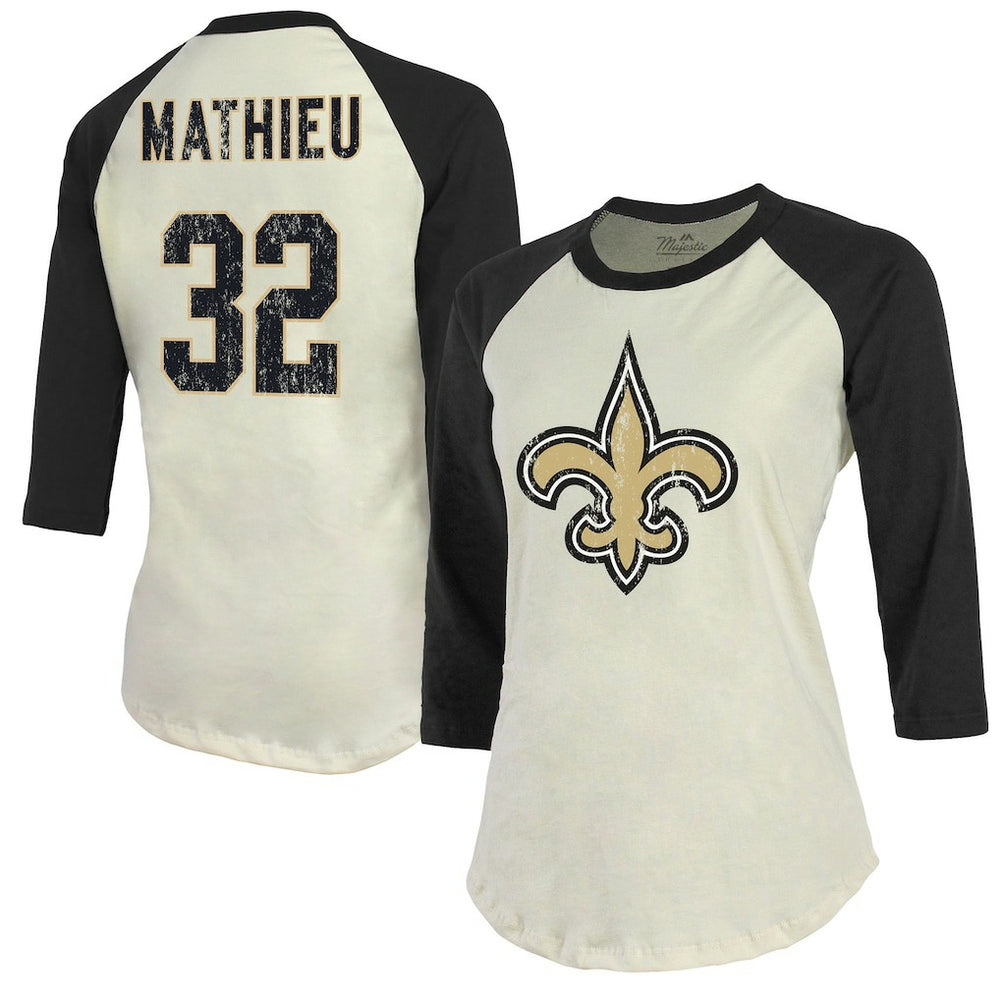 Tyrann Mathieu New Orleans Saints Majestic Threads Women's Player Name & Number Tri-Blend Three-Quarter Sleeve T-Shirt - Cream - NFL