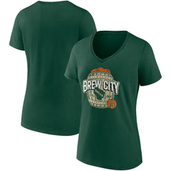 Fanatics Milwaukee Bucks Women's Hometown Collection Brew City V-Neck T-Shirt Hunter Green