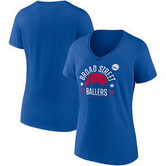 Fanatics Philadelphia 76ers Women's Hometown Collection Broad Street Ballers V-Neck T-Shirt Royal