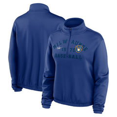 Milwaukee Brewers Nike Women's Rewind Splice Half-Zip Semi-Cropped Bubble Hem Sweatshirt Discount