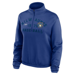 Milwaukee Brewers Nike Women's Rewind Splice Half-Zip Semi-Cropped Bubble Hem Sweatshirt Discount