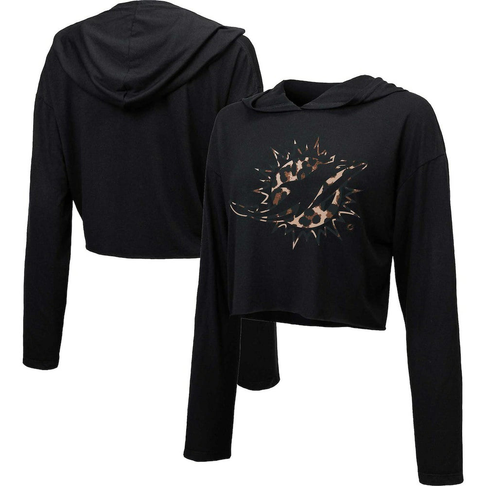 Miami Dolphins Majestic Threads Women's Leopard Cropped Pullover Hoodie - Black - NFL
