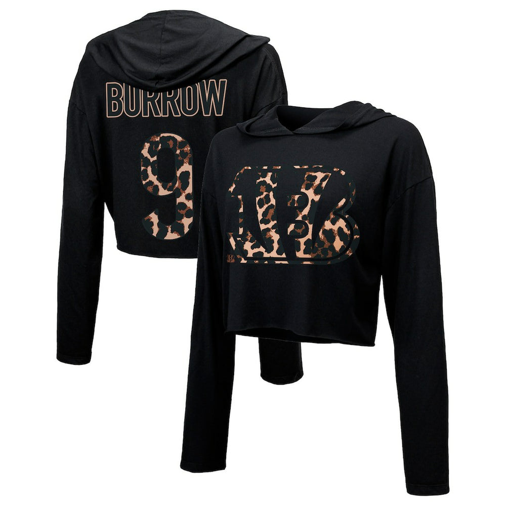 Joe Burrow Cincinnati Bengals Majestic Threads Women's Leopard Player Name & Number Long Sleeve Cropped Hoodie - Black - NFL