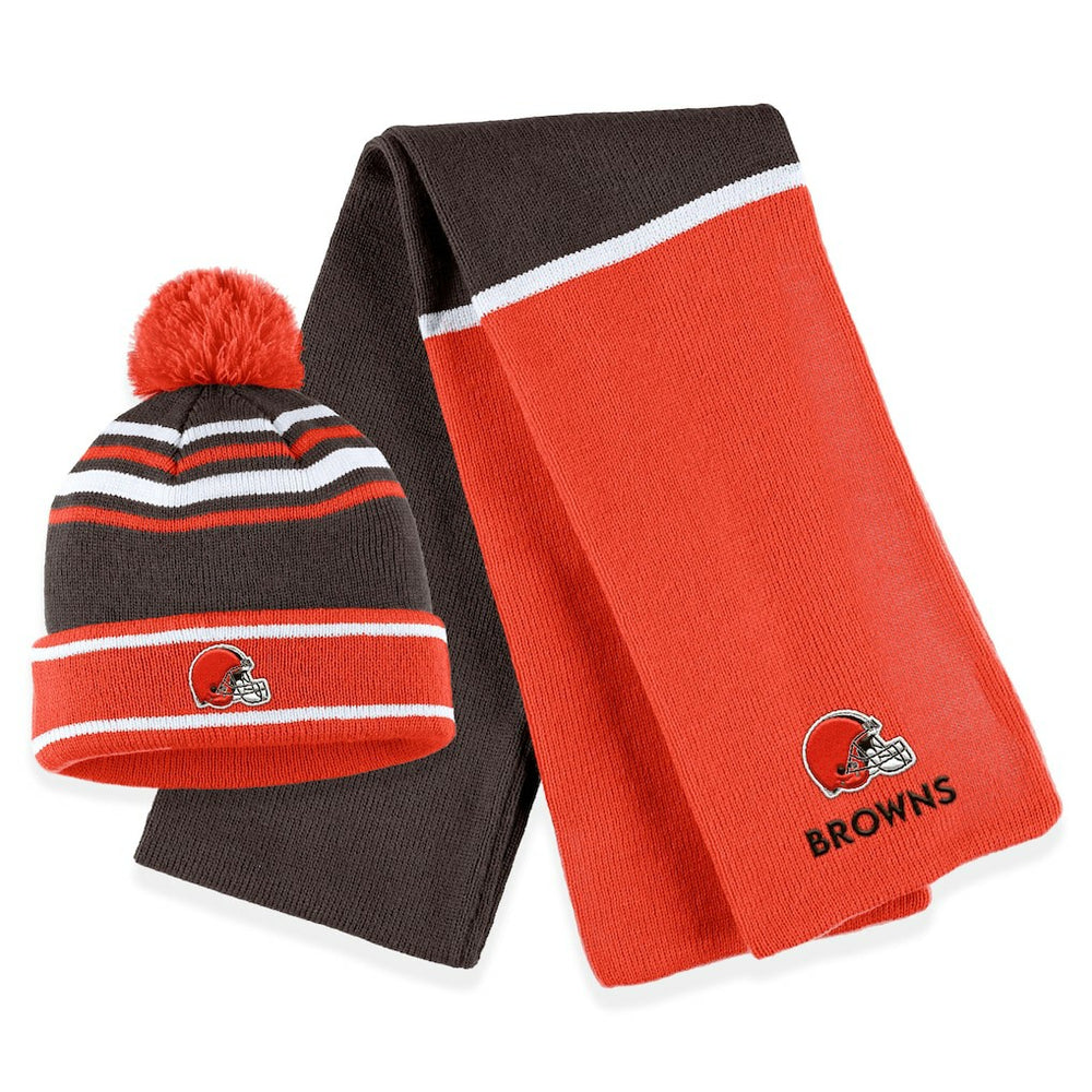 Cleveland Browns WEAR by Erin Andrews Women's Colorblock Cuffed Knit Hat with Pom and Scarf Set - Orange - NFL
