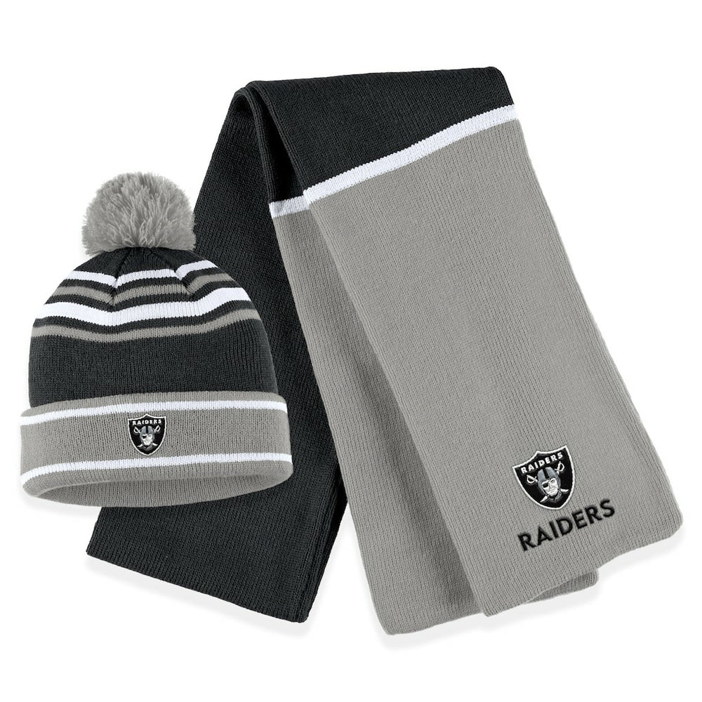 Las Vegas Raiders WEAR by Erin Andrews Women's Colorblock Cuffed Knit Hat with Pom and Scarf Set - Black - NFL