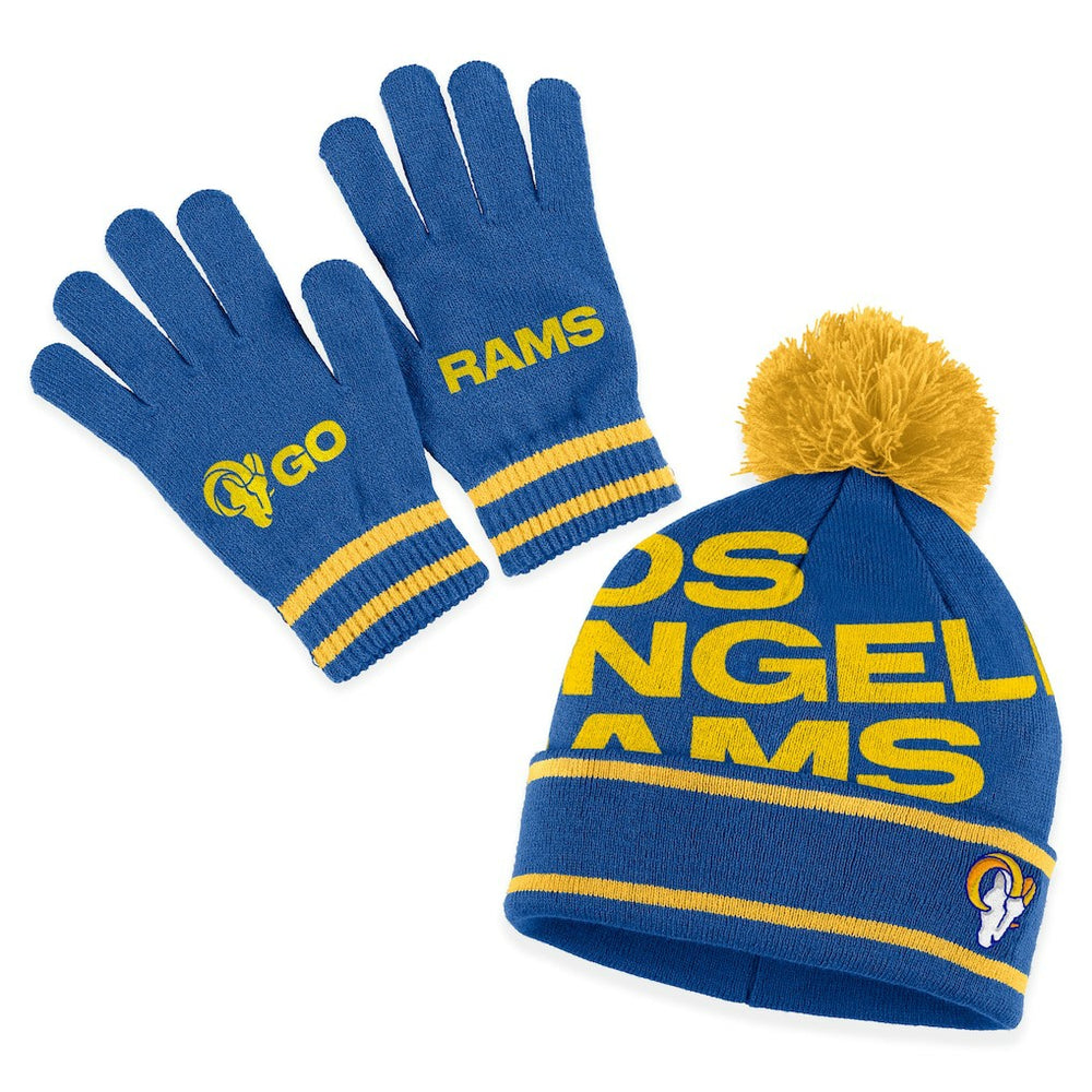 Los Angeles Rams WEAR by Erin Andrews Women's Double Jacquard Cuffed Knit Hat with Pom and Gloves Set - Royal - NFL