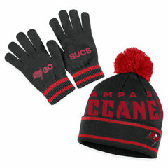 Tampa Bay Buccaneers WEAR by Erin Andrews Women's Double Jacquard Cuffed Knit Hat with Pom and Gloves Set - Black - NFL