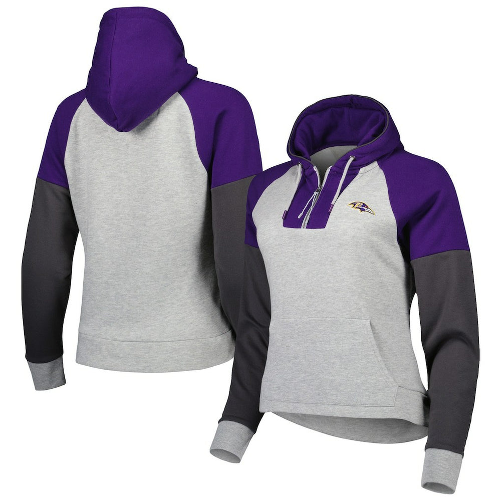 Baltimore Ravens Antigua Women's Lightweight Jackpot Raglan Half-Zip Pullover Hoodie - Heather Gray - NFL