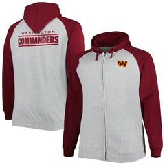 Washington Commanders Big & Tall Fleece Raglan Full-Zip Hoodie Jacket - Heather Gray - NFL