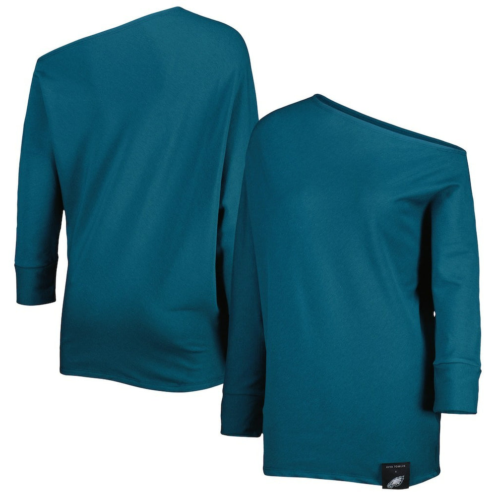 Philadelphia Eagles KIYA TOMLIN Women's Twisted Tri-Blend Asymmetrical 3/4-Dolman Sleeve Sweatshirt - Midnight Green - NFL