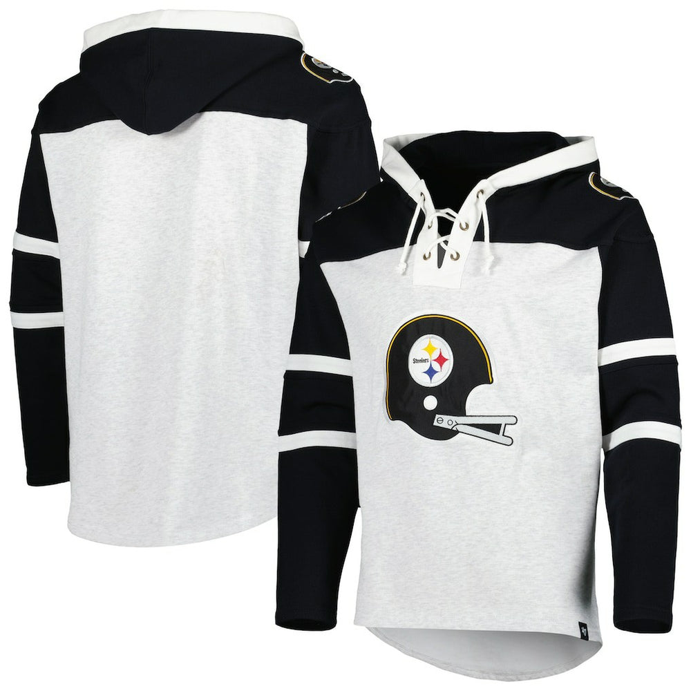 Pittsburgh Steelers '47 Historic Logo Gridiron Lace-Up Pullover Hoodie - Heather Gray - 47 brand