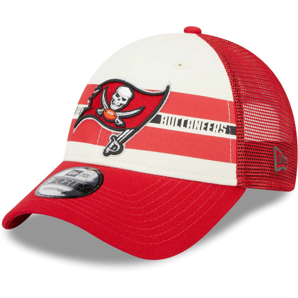 Tampa Bay Buccaneers New Era Team Stripe Trucker 9FORTY Snapback Hat - Cream/Red - NFL