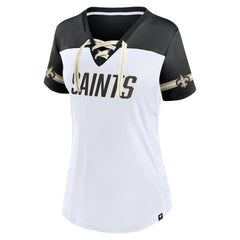 New Orleans Saints Women's Dueling Slant V-Neck Lace-Up T-Shirt - White - Fanatics