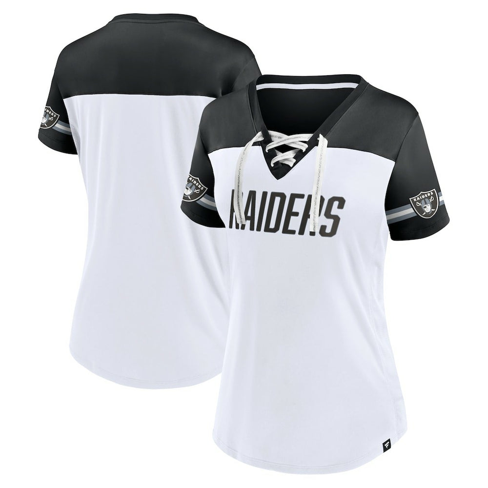 Las Vegas Raiders Women's Dueling Slant V-Neck Lace-Up T-Shirt - White - Fanatics