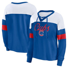Chicago Cubs Fanatics Women's Even Match Lace-Up Long Sleeve V-Neck T-Shirt Sale