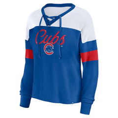 Chicago Cubs Fanatics Women's Even Match Lace-Up Long Sleeve V-Neck T-Shirt Sale