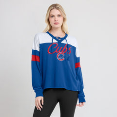 Chicago Cubs Fanatics Women's Even Match Lace-Up Long Sleeve V-Neck T-Shirt Sale