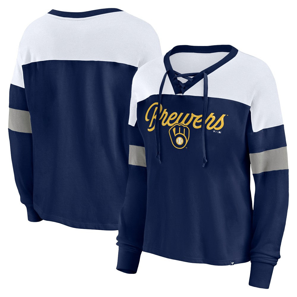Milwaukee Brewers Fanatics Women's Even Match Lace-Up Long Sleeve V-Neck T-Shirt Outlet