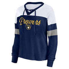 Milwaukee Brewers Fanatics Women's Even Match Lace-Up Long Sleeve V-Neck T-Shirt Outlet