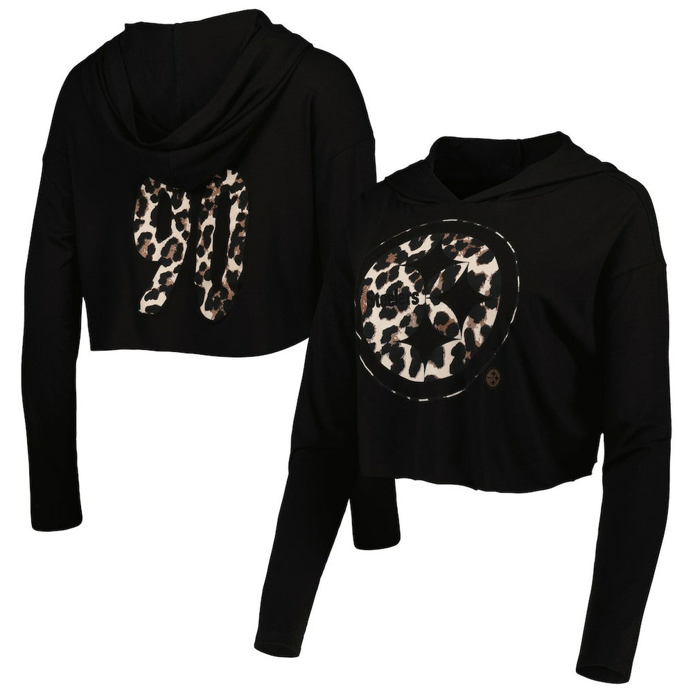 T.J. Watt Pittsburgh Steelers Majestic Threads Women's Leopard Player Name & Number Long Sleeve Cropped Hoodie - Black - NFL