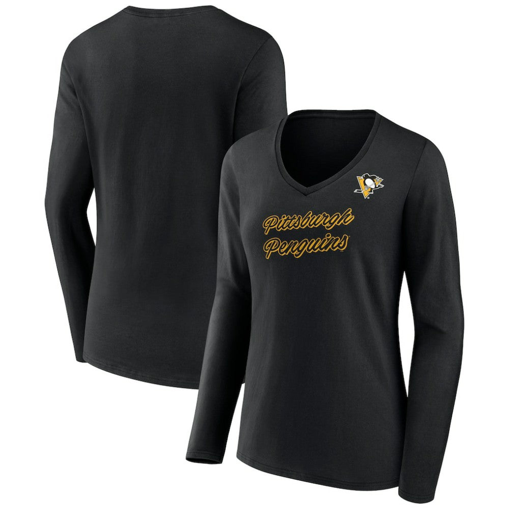 Pittsburgh Penguins Women's Forge Long Sleeve V-Neck T-Shirt - Black | NHL Clearance