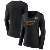 Pittsburgh Penguins Women's Forge Long Sleeve V-Neck T-Shirt - Black | NHL Clearance
