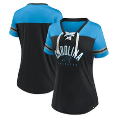 Carolina Panthers Women's Blitz & Glam Lace-Up V-Neck Jersey T-Shirt - Black/Blue - Fanatics
