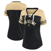 New Orleans Saints Women's Blitz & Glam Lace-Up V-Neck Jersey T-Shirt - Black/Vegas Gold - Fanatics