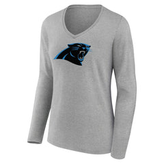Carolina Panthers Women's Primary Team Logo Long Sleeve V-Neck T-Shirt - Heather Gray - NFL
