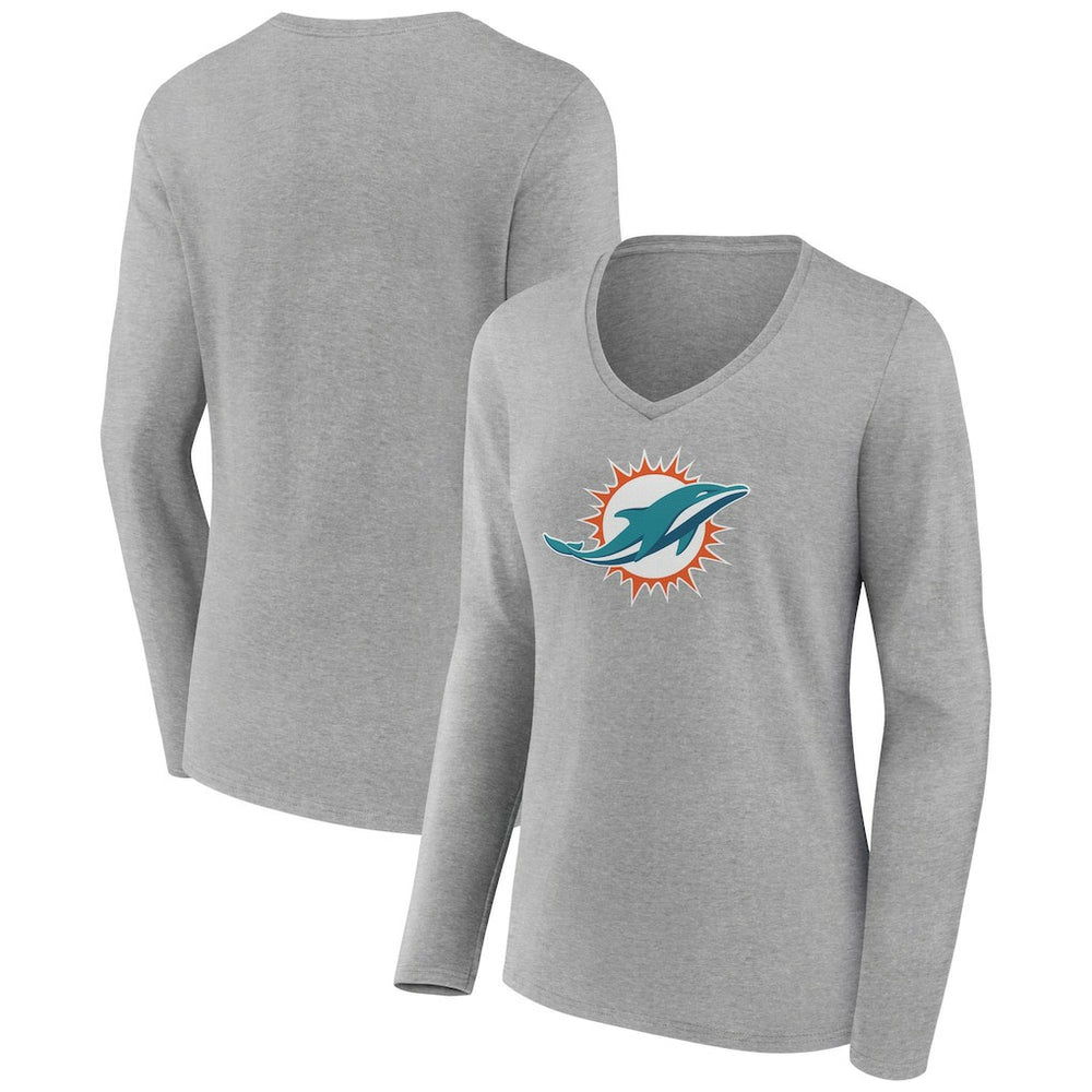 Miami Dolphins Women's Primary Team Logo Long Sleeve V-Neck T-Shirt - Heather Gray - NFL