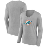 Miami Dolphins Women's Primary Team Logo Long Sleeve V-Neck T-Shirt - Heather Gray - NFL