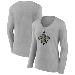 New Orleans Saints Women's Primary Team Logo Long Sleeve V-Neck T-Shirt - Heather Gray - NFL
