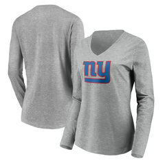 New York Giants Women's Primary Team Logo Long Sleeve V-Neck T-Shirt - Heather Gray - NFL