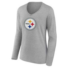 Pittsburgh Steelers Women's Primary Team Logo Long Sleeve V-Neck T-Shirt - Heather Gray - NFL